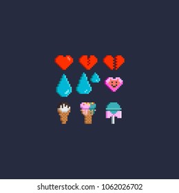 Pixel emoticon set.Red heart, Crack heart, Broken heart, Water drop, Double water drop, Pink smiling heart, Vanilla ice cream, Mint strawberry ice cream and Blue lolipop.8bit emoticon vector set.