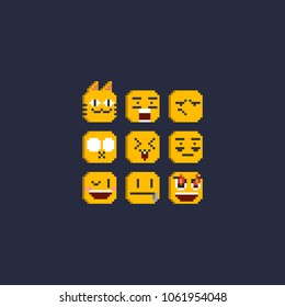 Pixel emoticon set.cat , stunt, doubt, keep quite, cute, sleepless, close one eye, keep close my mouth, power.8bit vector illustration.