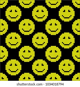 Pixel emoticons on a black background. Seamless background. Close-up. Texture.