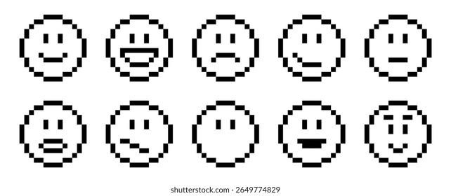 Pixel Emoticons Set, 8-bit Smiley Faces com várias expressões