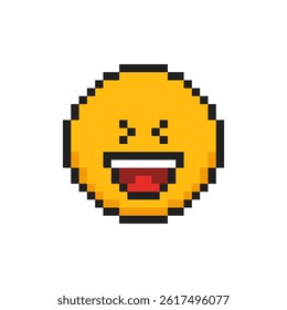 Pixel emotion face of laugh, 8 bit face with emotion of laugh.