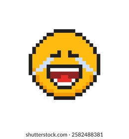 Pixel emotion face of laugh to tears, 8 bit face with emotion of laugh to tears.