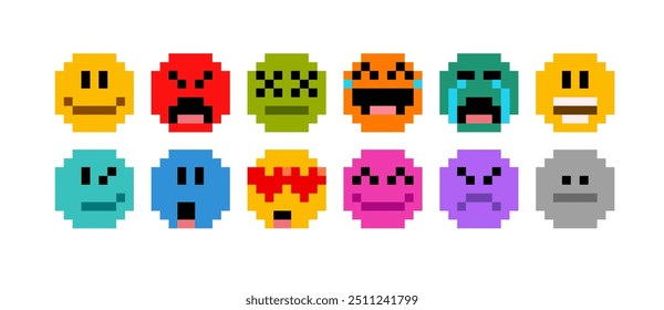 Pixel emotions avatars icons in 8-bit retro video game style - editable vector graphics