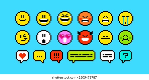 Pixel emotions icons in 8-bit retro video game style - editable vector design. Funny Geek emoticons pixel chat dialogue text bubbles. Pixel emoticon face icons and chat signs in 8 bit video game style