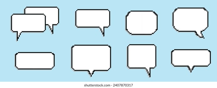 Pixel empty speech bubble. Chat speech. Communication box. Dialog cloud. 8-bit. Game development. Vector illustration on a blue background