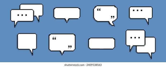 Pixel empty speech bubble. Chat speech. Communication box. Dialog cloud. 8-bit. Game development. Vector illustration on a blue background