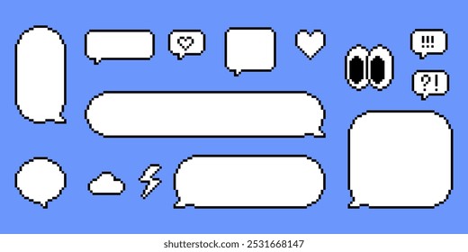 Pixel empty speech bubbles set. Y2k pixelated shape for chat, text message, dialog, conversation frame. 8 bit retro game style dialogue box, icons. Editable vector elements. Trendy stickers