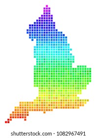 Pixel England map. Vector territorial plan in impressive spectrum color variations with vertical gradient. Multicolored vector mosaic of England map combined from square items.