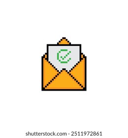 sobre de píxeles con aprobación Marca de verificación verde sí signo icono de arte de píxeles Vector 8 bit juego