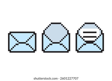 Pixel envelope icons. Retro mail shapes. Vector communication set. Simple blue style.