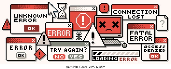 Pixel error popup windows. 8-bit warning messages, retro computer error alerts and pixel art danger popups as critical alert, fatal error, access denied, connection lost. Computer warnings concept