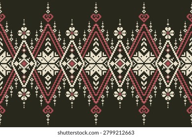 Pixel ethnic jacquard seamless pattern featuring geometric folk motifs in burgundy, cream and black tones. Ideal for woven textiles, fabric printing, upholstery, apparel and home decor production. Hand-drawn vector artwork, not AI generated.