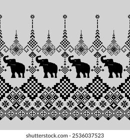 Pixel ethnic pattern. Cross stitch embroidery. Thai ethnic traditional Asian elephant pattern illustration design pixel art abstract geometric