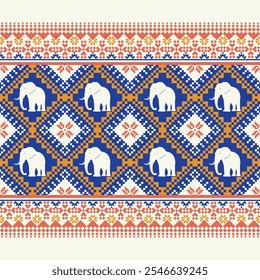 Pixel ethnic pattern. Cross stitch embroidery. Thai ethnic traditional Asian elephant pattern illustration design pixel art abstract geometric