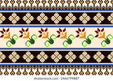 Pixel ethnic pattern oriental traditional. design fabric pattern textile African Indonesian Indian seamless Aztec style abstract vector illustration for print clothing, texture, fabric, wallpaper, dec