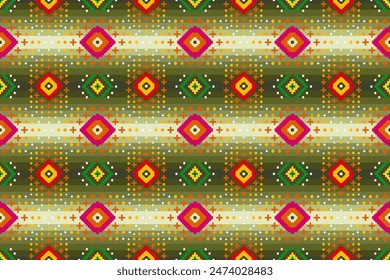 Pixel patrón étnico oriental tradicional. Diseño textil patrón de tela África, Azteca África América India sin costuras. Patrón de arte de píxel floral en Ilustración vectorial de fondo azul marino