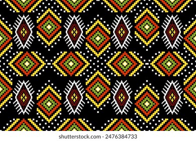 Pixel ethnic  pattern oriental traditional. Design fabric pattern textile African, Aztec African America Indian seamless. Floral pixel art pattern on navy background  vector illustration