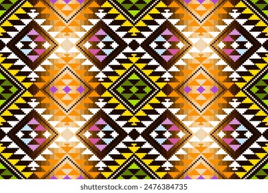 Pixel ethnic  pattern oriental traditional. Design fabric pattern textile African, Aztec African America Indian seamless. Floral pixel art pattern on navy background  vector illustration