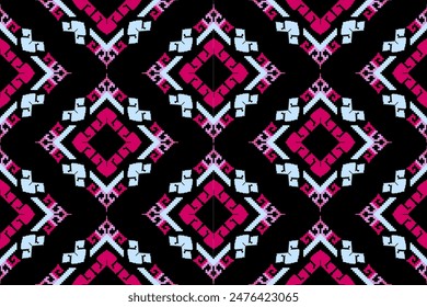 Pixel patrón étnico oriental tradicional. Diseño textil patrón de tela África, Azteca África América India sin costuras. Patrón de arte de píxel floral en Ilustración vectorial de fondo azul marino