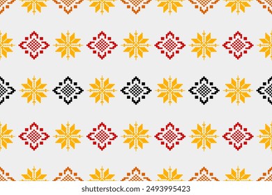 Pixel ethnic  pattern oriental traditional. Design fabric pattern textile African, Aztec African America Indian seamless. Floral pixel art pattern on navy background  vector illustration