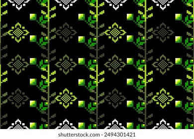 Pixel ethnic  pattern oriental traditional. Design fabric pattern textile African, Aztec African America Indian seamless. Floral pixel art pattern on navy background  vector illustration