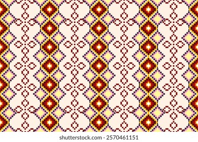 Pixel ethnic  pattern oriental traditional. Design fabric pattern textile African, Aztec African America Indian seamless. Floral pixel art pattern on navy background  vector illustration