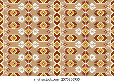 Pixel ethnic  pattern oriental traditional. Design fabric pattern textile African, Aztec African America Indian seamless. Floral pixel art pattern on navy background  vector illustration