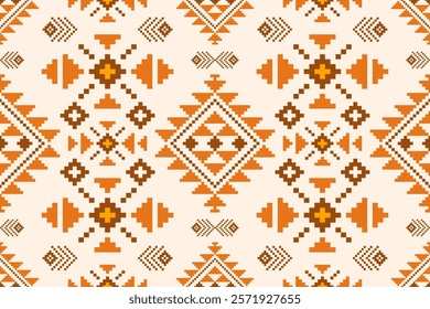 Pixel ethnic  pattern oriental traditional. Design fabric pattern textile African, Aztec African America Indian seamless. Floral pixel art pattern on navy background  vector illustration