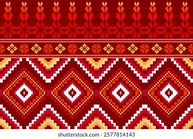 Pixel ethnic  pattern oriental traditional. Design fabric pattern textile African, Aztec African America Indian seamless. Floral pixel art pattern on navy background  vector illustration