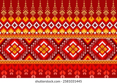 Pixel ethnic  pattern oriental traditional. Design fabric pattern textile African, Aztec African America Indian seamless. Floral pixel art pattern on navy background  vector illustration