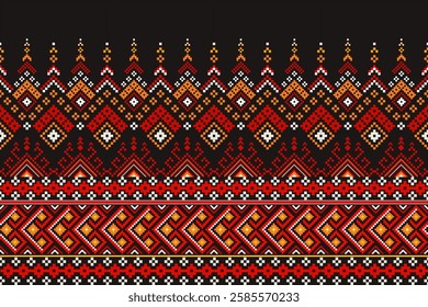 Pixel ethnic  pattern oriental traditional. Design fabric pattern textile African, Aztec African America Indian seamless. Floral pixel art pattern on navy background  vector illustration