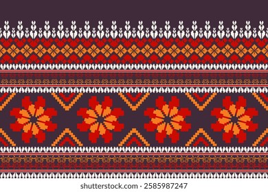 Pixel ethnic  pattern oriental traditional. Design fabric pattern textile African, Aztec African America Indian seamless. Floral pixel art pattern on navy background  vector illustration
