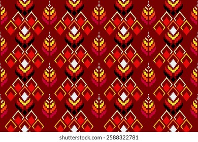 Pixel ethnic  pattern oriental traditional. Design fabric pattern textile African, Aztec African America Indian seamless. Floral pixel art pattern on navy background  vector illustration