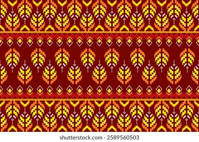 Pixel ethnic  pattern oriental traditional. Design fabric pattern textile African, Aztec African America Indian seamless. Floral pixel art pattern on navy background  vector illustration