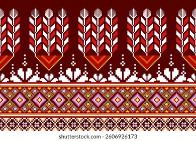 Pixel ethnic  pattern oriental traditional. Design fabric pattern textile African, Aztec African America Indian seamless. Floral pixel art pattern on navy background  vector illustration