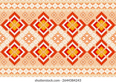 Patrón étnico de píxeles oriental tradicional. Diseño de la tela del patrón textil africano, azteca africano América india sin costuras. Patrón floral del arte del pixel en la Ilustración vectorial de fondo azul marino