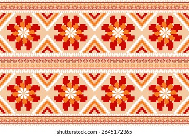 Patrón étnico de píxeles oriental tradicional. Diseño de la tela del patrón textil africano, azteca africano América india sin costuras. Patrón floral del arte del pixel en la Ilustración vectorial de fondo azul marino