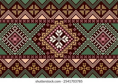 Patrón étnico de píxeles. Bordado tradicional ucraniano de punto de cruz. Fondo de patrón de píxel oriental étnico. Abstractas, Vector, ilustración. Textura, ropa, marco, decoración, Fondo de pantalla de la alfombra, alfombra,