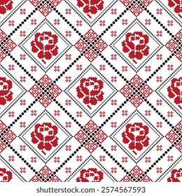 Pixel ethnic pattern. Traditional Ukrainian Cross-Stitch Embroidery. Ethnic oriental Pixel pattern background. Abstract,vector,illustration. Texture,clothing,frame,decoration,rug wallpaper, carpet,