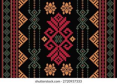 Padrão étnico de pixel. Bordado tradicional ucraniano Cross-Stitch. Fundo padrão étnico do Pixel oriental. Resumo,vetor,ilustração. Textura,vestuário,quadro,decoração,tapete