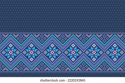 Pixel ethnic pattern, Vector embroidery Morocco background, Geometric line aztec style, Blue pattern zigzag horizontal, Design for textile, fabric, carpet, kaftan, wall art