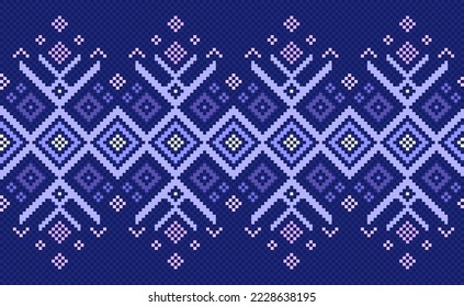Pixel ethnic pattern, Vector embroidery zigzag background, Geometric horizontal knitting style, Purple and yellow pattern jacquard decorative, Design for textile, fabric, backdrop, kaftan, pillows