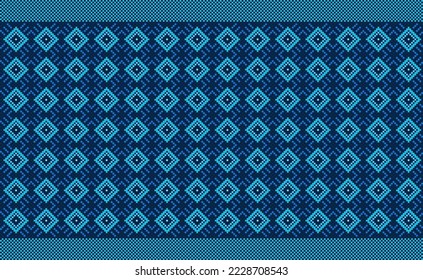 Pixel ethnic pattern, Vector embroidery oriental background, Geometric repeat ornamental style,Blue pattern Boho culture, Design for textile, fabric, ceramic, rug, pillows