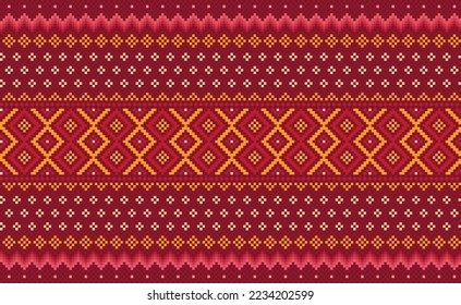 Pixel ethnic pattern, Vector embroidery ornamental background, Geometric cross stitch triangle style, Red and yellow pattern ethnic craft, Design for textile, fabric, backdrop, kaftan, pillows