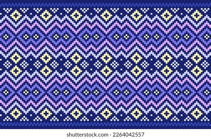 Pixel ethnic pattern, Vector embroidery Nordic background, Geometric native aztec style, Purple and yellow pattern zigzag line, Design for textile, fabric, art, wrapping, tapestries