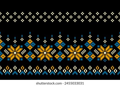 Pixel ethnic pattern, Vector embroidery pattern background, Geometric traditional triangle style, Blue and orange pattern knitting vintage, Design for textile, fabric, batik, kaftan, fibres