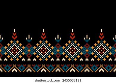 Pixel ethnic pattern, Vector embroidery pattern background, Geometric traditional triangle style, Blue and orange pattern knitting vintage, Design for textile, fabric, batik, kaftan, fibres