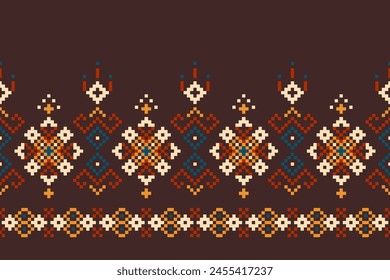 Pixel ethnic pattern, Vector embroidery pattern background, Geometric traditional triangle style, Blue and orange pattern knitting vintage, Design for textile, fabric, batik, kaftan, fibres