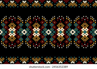 Pixel ethnic pattern, Vector embroidery pattern background, Geometric traditional triangle style, Blue and orange pattern knitting vintage, Design for textile, fabric, batik, kaftan, fibres