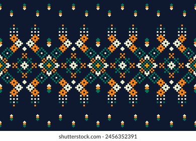 Pixel ethnic pattern, Vector embroidery pattern background, Geometric traditional triangle style, Blue and orange pattern knitting vintage, Design for textile, fabric, batik, kaftan, fibres